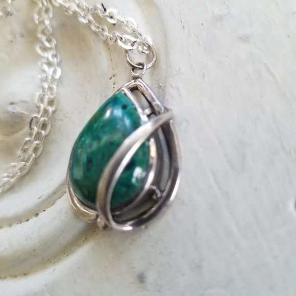 Teal Green Blue Agate Teardrop Gemstone & Sterling Necklace - Picture 5 of 14